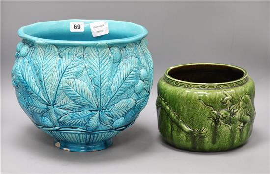 A blue Burmantofts jardiniere and a smaller Bretby green jardiniere tallest 25cm